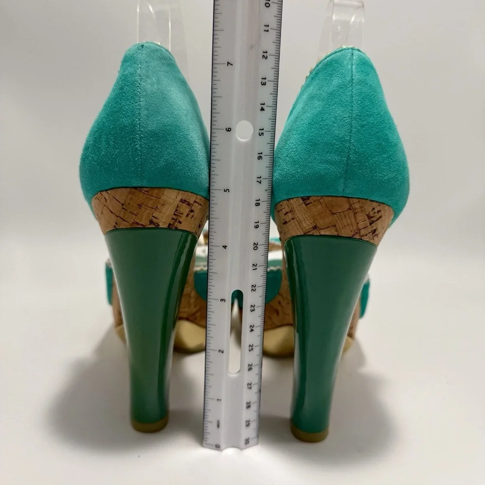 Poetic License Date Night Teal Gold Trim Stiletto Platform Heels Peep Toe 8.5M